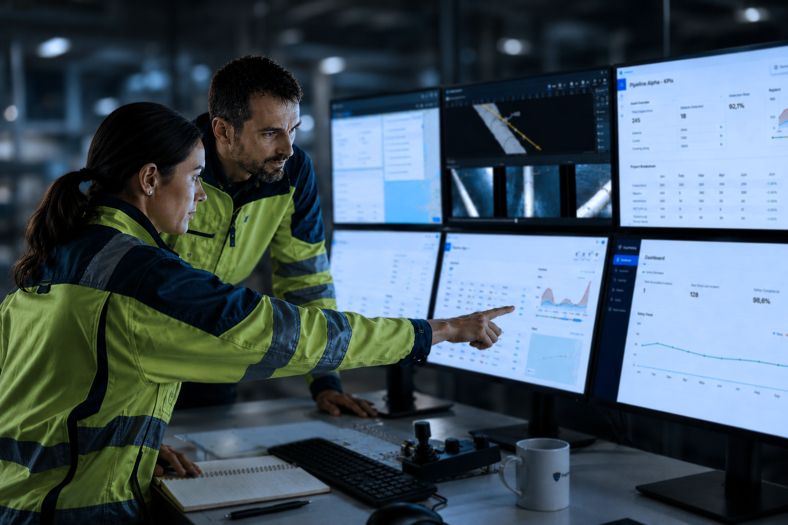 Engineers reviewing PipelineSentry and PlantSentry dashboards